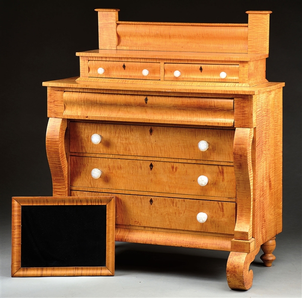 TIGER MAPLE CHEST PF DRAWERS W/ DETACHED MIRROR                                                                                                                                                         