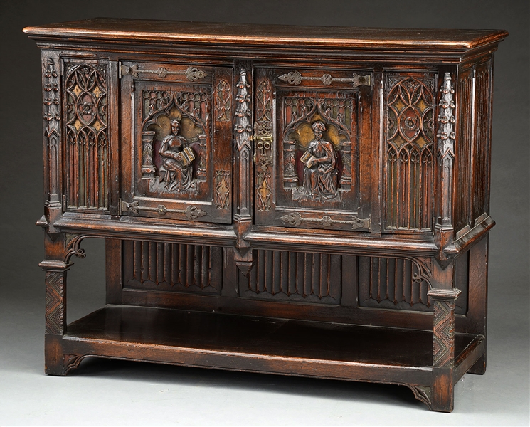 CARVED WALNUTJACOBIAN STYLE CABINET                                                                                                                                                                     