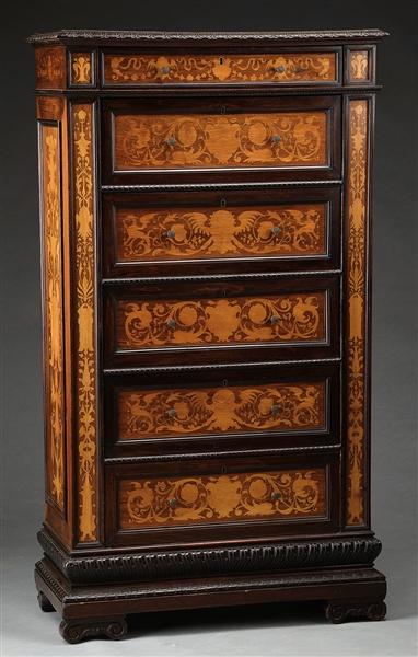 MARQUETRY INLAID TALL CHEST                                                                                                                                                                             