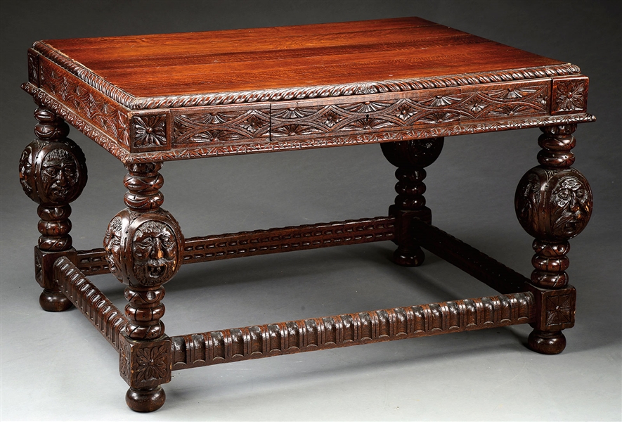 JACOBIAN STYLE CARVED OAK LIBRARY TABLE                                                                                                                                                                 
