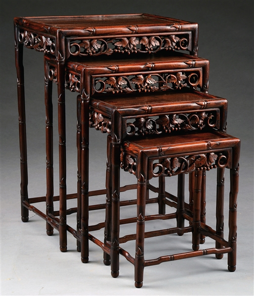 NEST OF 4 CHINESE CARVED ROSEWOOD TABLES                                                                                                                                                                