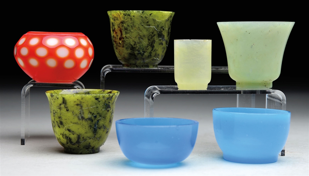 GROUP OF 6 STONE & GLASS CUPS & CAMEO WATER COUPE                                                                                                                                                       