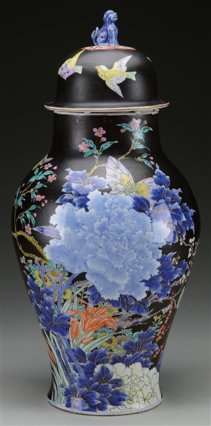 JAPANESE COVERED JAR WITH BIRDS ON A BLK GROUND                                                                                                                                                         