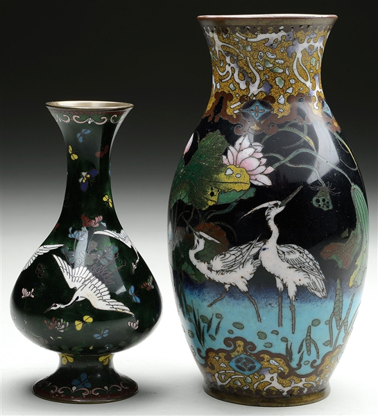 2 CLOISONNE VASES WITH HERONS                                                                                                                                                                           