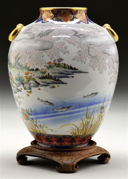 JAPANESE DECORATED URN - FISH W/ STAND                                                                                                                                                                  