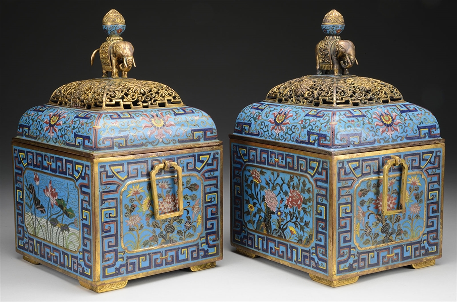 TWO CLOISONNE SQ CENSERS                                                                                                                                                                                
