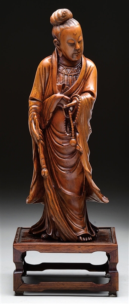 CHINESE BOXWOOD GUANYIN WITH HUANGHUALI STAND                                                                                                                                                           