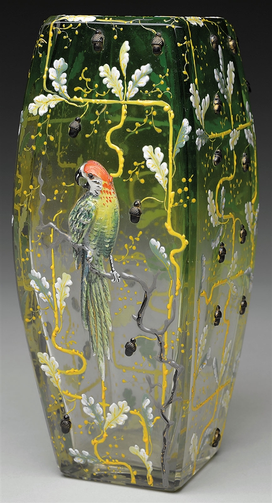 MOSER DECORATED PARROT VASE                                                                                                                                                                             