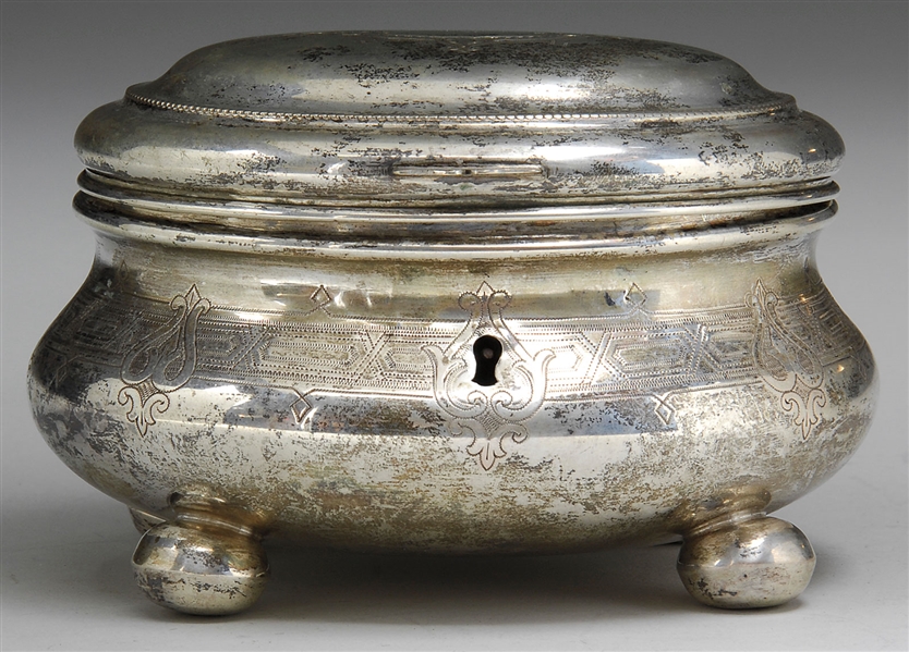 CONTINENTAL SILVER OVAL FOOTED TEA CADDY                                                                                                                                                                