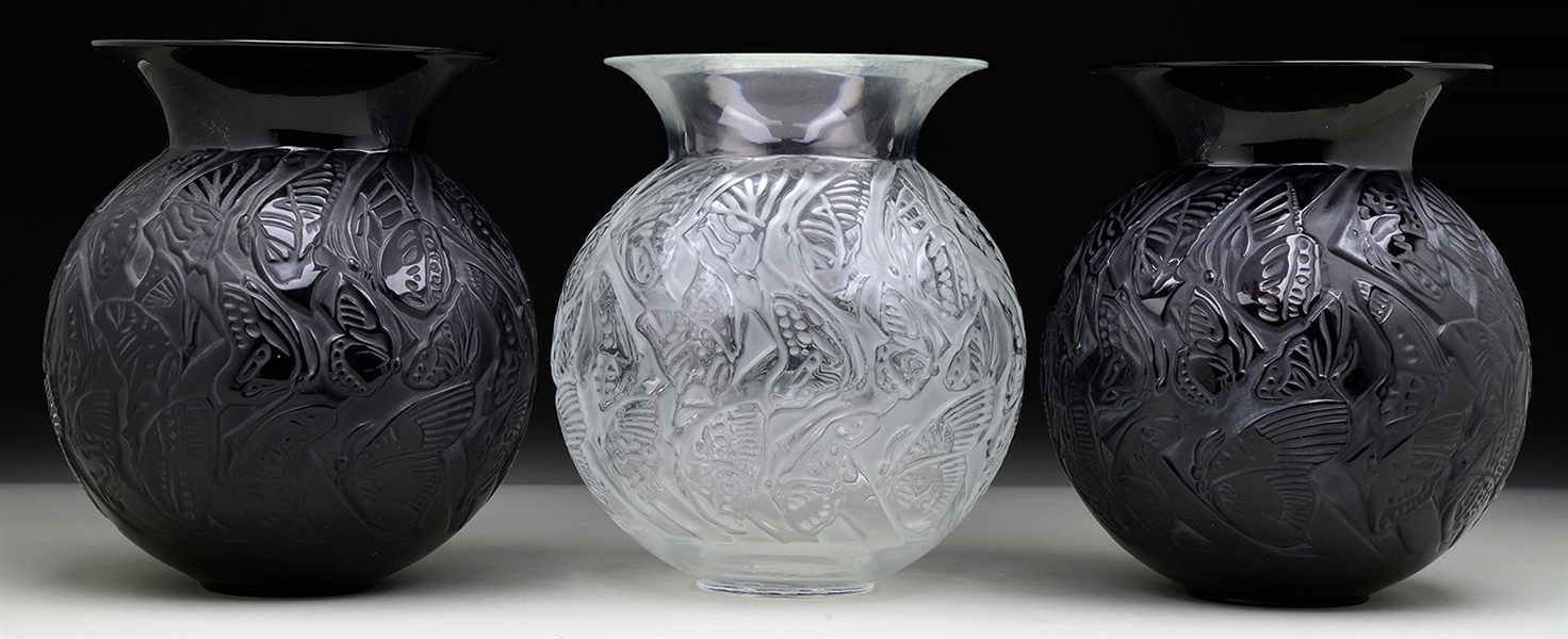 3 LALIQUE BUTTERFLY VASES                                                                                                                                                                               