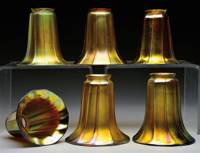 6 MISCELLANEOUS RIBBED ART GLASS SHADES                                                                                                                                                                 