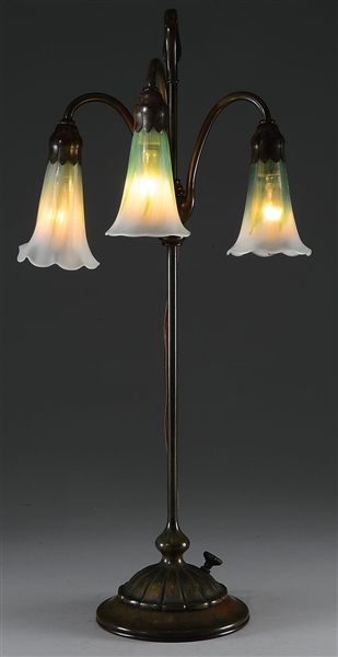 TIFFANY STUDIOS 3-LIGHT LILY LAMP                                                                                                                                                                       