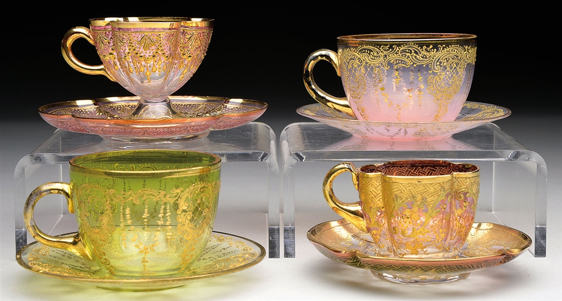 FOUR MOSER DECORATED CUPS & SAUCERS                                                                                                                                                                     