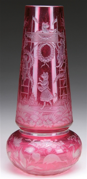 INTAGLIO CARVED CRANBERRY TO CLEAR VASE                                                                                                                                                                 