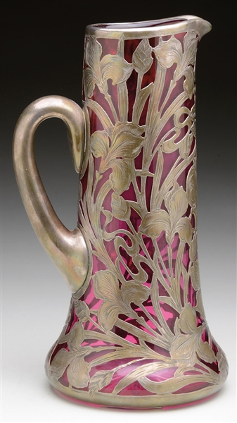 CRANBERRY GLASS SILVER OVERLAY PITCHER                                                                                                                                                                  