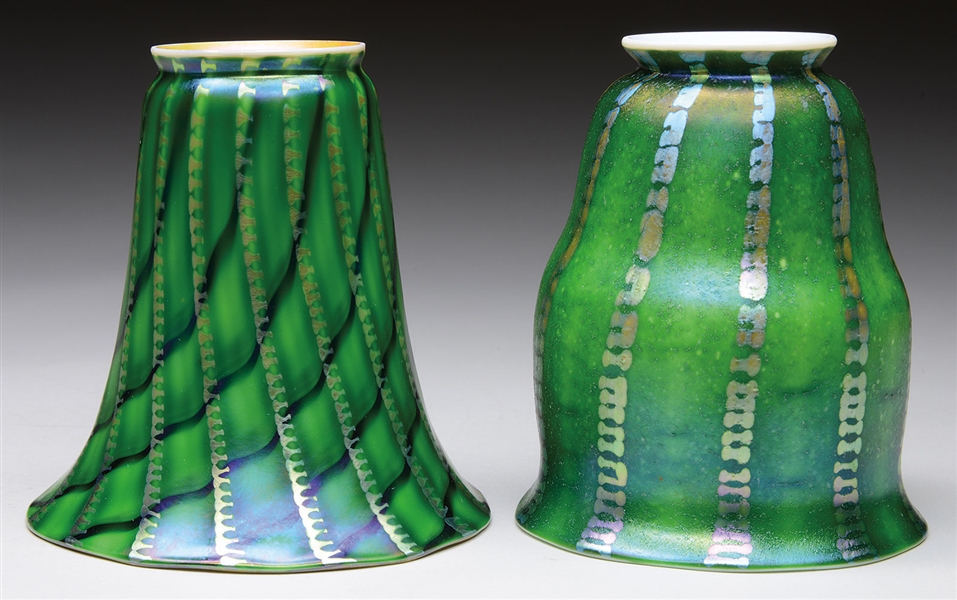 TWO GREEN DECORATED ART GLASS SHADES                                                                                                                                                                    