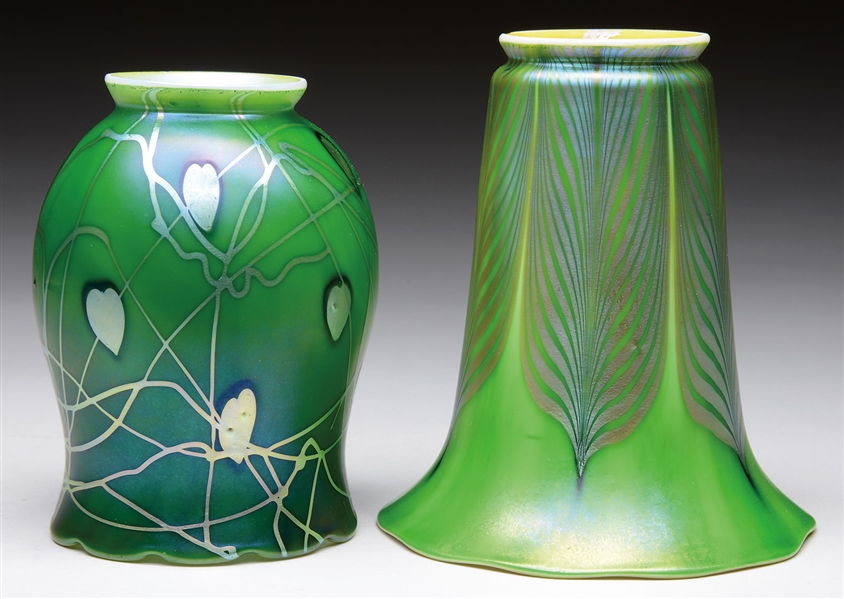 TWO DECORATED ART GLASS SHADES                                                                                                                                                                          