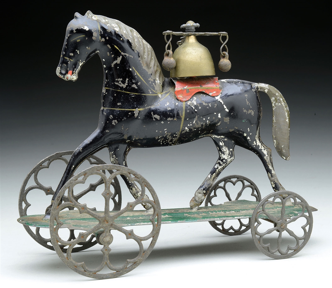 EARLY AMERICAN TIN HORSE PLATFORM BELL TOY                                                                                                                                                              