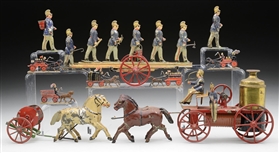 EARLY FRENCH HORSE DRAWN TIN FIRE EQUIPMENT WITH FIGURES                                                                                                                                                