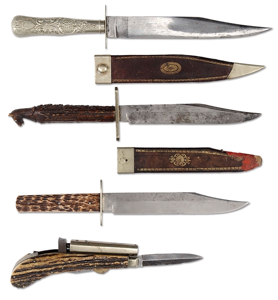 GROUP OF 4 SHEFFIELD BOWIE KNIVES INCLUDING 2-BLADED KNIFE PISTOL.                                                                                                                                      