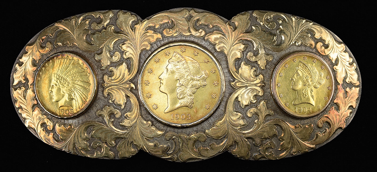 VERY UNUSUAL GOLD AND STERLING SILVER BELT BUCKLE.                                                                                                                                                      
