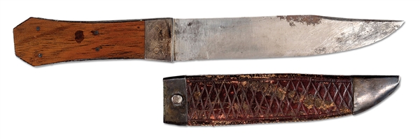 EXTREMELY RARE & FINE EARLY AMERICAN SILVER MOUNTED GUARDLESS "COFFIN HILT" BOWIE KNIFE IN ORIGINAL SCABBARD.                                                                                           