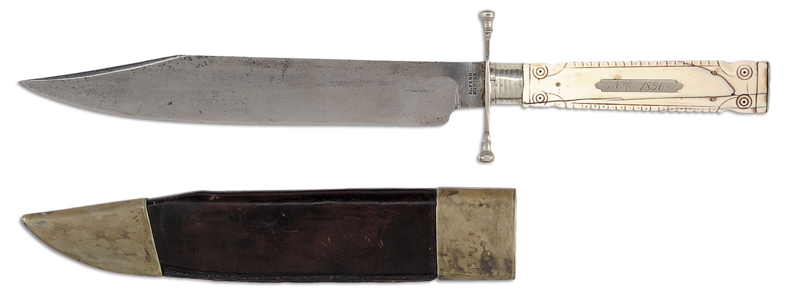 IVORY - RARE ALFRED HUNTER IVORY HANDLED BOWIE KNIFE DATED 1836.                                                                                                                                        