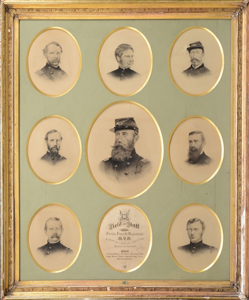 MASSIVE FRAMED CHARCOAL PICTURE OF THE FIELD AND STAFF OF THE FORTY FOURTH REGIMENT OF THE MASSACHUSETTS VOLUNTEER MILITIA.                                                                             
