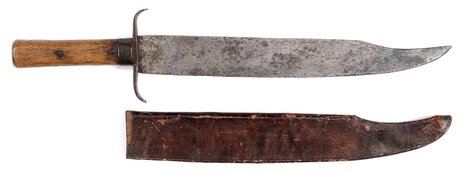 FINE AND MASSIVE CONFEDERATE CLIP-POINT BOWIE KNIFE WITH ORIGINAL SCABBARD.                                                                                                                             