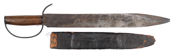 FINE FRESHLY DISCOVERED CAPTURED IDENTIFIED CONFEDERATE D-GUARD BOWIE IN ORIGINAL SCABBARD, 17TH MISS, BATTLE OF CORINTH.                                                                               
