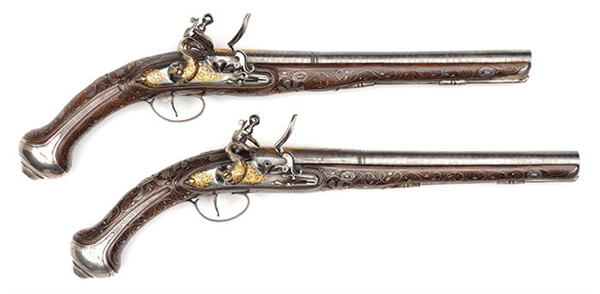 VERY FINE PAIR OF SILVER MOUNTED GOLD DECORATED OTTOMAN FLINTLOCK PISTOLS, CIRCA 1790                                                                                                                   