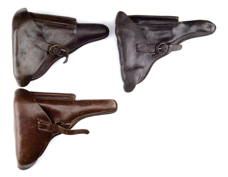 TRIO OF EARLY AKAH COMMERCIAL LUGER HOLSTERS FEATURED TOGETHER IN DR. STURGESS LUGER BOOK.                                                                                                             