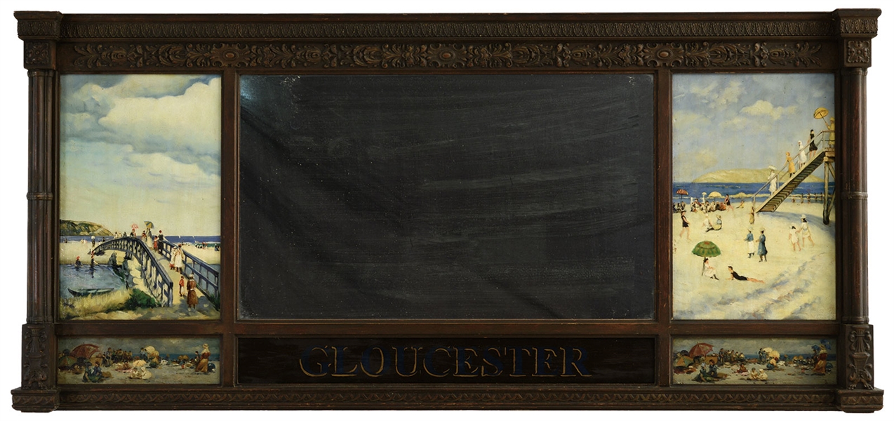 UNSIGNED (AMERICAN, FIRST HALF OF 20TH CENTURY) GLOUCESTER MIRROR WITH FOUR GOOD HARBOR BEACH GLOUCESTER SCENES                                                                                         