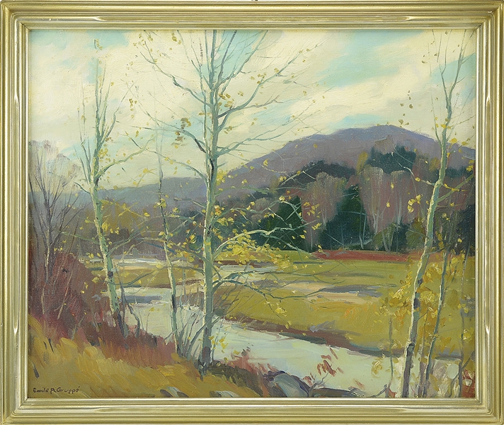 EMILE A GRUPPE (AMERICAN, 1896-1978) ASPENS IN FALL OIL ON CANVAS HOUSED IN A CONTEMPORARY SILVERED FRAME SIGNED LOWER LEFT "EMILE A                                                                    