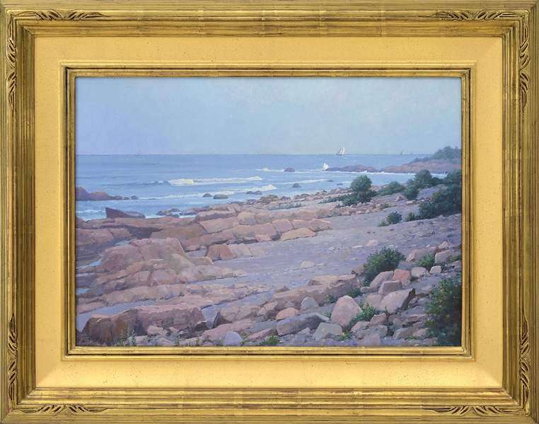 PETER L TYSVER (AMERICAN, 1948-) "STUDY FOR EQUINOX BASS ROCKS, GLOUCESTER" OIL ON CANVAS HOUSED IN A CONTEMPORARY CARVED GILT WOOD FRAME SIGNED LOWER LEFT "P                                          