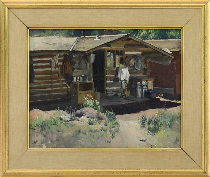 JOHN FALTER (AMERICAN, 1910-1982) THE LOG CABIN OIL ON BOARD
HOUSED IN A GILTWOOD FRAME WITH LINEN LINER
INITIALED LOWER LEFT "JF", LABEL ON VERSO STATES "THIS WAS PAINTED BY JOHN FALTER            