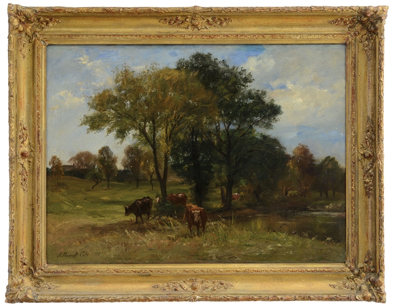 JOSEPH FOXCROFT COLE (AMERICAN 1837-1892) "PASTORAL LANDSCAPE WITH COWS                                                                                                                                 