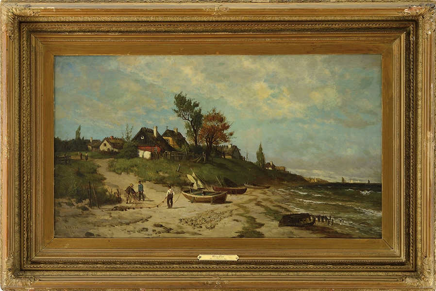 HARRY (HENRY) CHASE (AMERICAN, 1853 - 1889) PANORAMIC COASTAL SCENE WITH BOATS, HOUSES AND FIGURES                                                                                                      