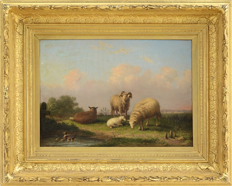 G FULLER (ENGLISH SCHOOL, 19TH CENTURY) PASTORAL LANDSCAPE WITH SHEEP AND DUCKS                                                                                                                         