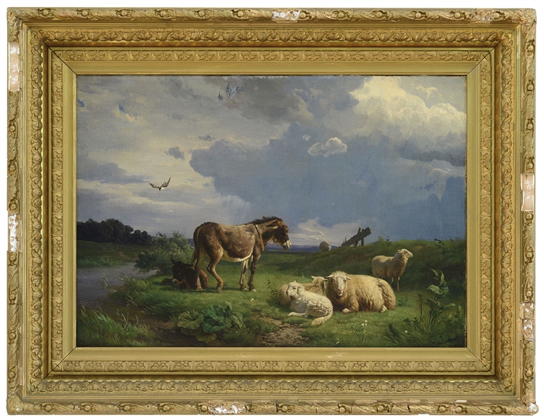 WILHELM TJARDA VAN STARKENBORGH (DUTCH, 1823-1885) LANDSCAPE WITH DONKEY AND SHEEP                                                                                                                      