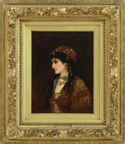 EMILE EISMEN-SEMENOWSKY (POLISH/FRENCH, 1857-1911) GYPSY WOMAN OIL ON PANEL
HOUSED IN A PERIOD CARVED GILTWOOD FRAME
SIGNED AND DATED LOWER LEFT "EISMAN-SEMENOWSKY PARIS 1886," SIZE: 14-1/4" X 10-1/