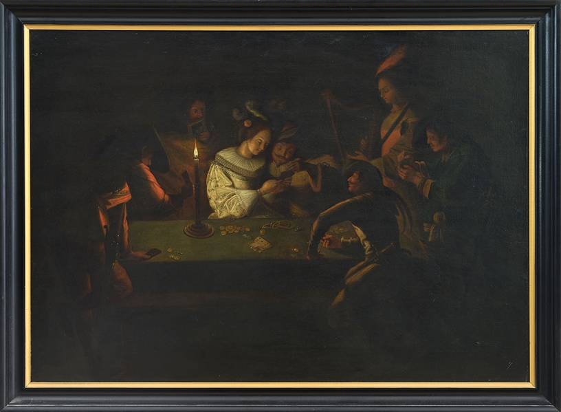 MANNER OF GEORGES DE LATOUR (EUROPEAN, 19TH CENTURY OR EARLIER) FIGURES PLAYING CARDS UNDER CANDLELIGHT.                                                                                                