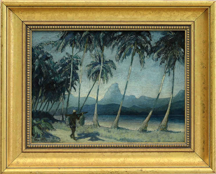 THEO SMITH (AMERICAN, MID 20TH CENTURY) MAN CARRYING BANANAS IN TROPICAL LANDSCAPE (POSSIBLY HAWAII).                                                                                                   