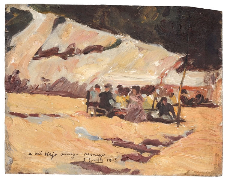 ATTRIBUTED TO JOAQUIN SOROLLA Y BASTIDA (SPANISH, 1863–1923) FIGURES ON A BEACH UNDER A TENT/CANOPY.                                                                                                    