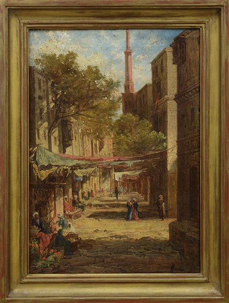 ARTIST MONOGRAM CYPHER (AFRS 1889) (19TH CENTURY) ORIENTALIST STREET SCENE OIL ON CANVAS
HOUSED IN A GILT MOLDED WOOD FRAME
SIGNED WITH ARTIST MONOGRAM AND DATE 1889 BOTTOM RIGHT SIZE: 19-3/4" X 14"