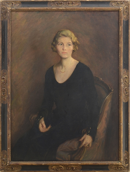 LYDIA FIELD EMMET (AMERICAN, 1866-1952) PORTRAIT OF A SEATED YOUNG WOMAN IN BLACK DRESS WITH PEARLS                                                                                                     