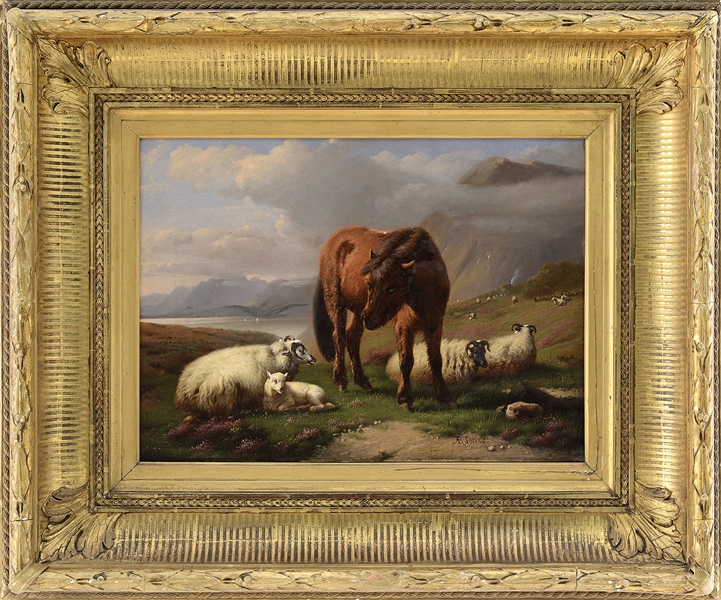 ADOLPHE ROBERT DANIEL JONES (BELGIAN, 1806-1874) SHEEP AND HORSE IN HIGHLAND LANDSCAPE.                                                                                                                 
