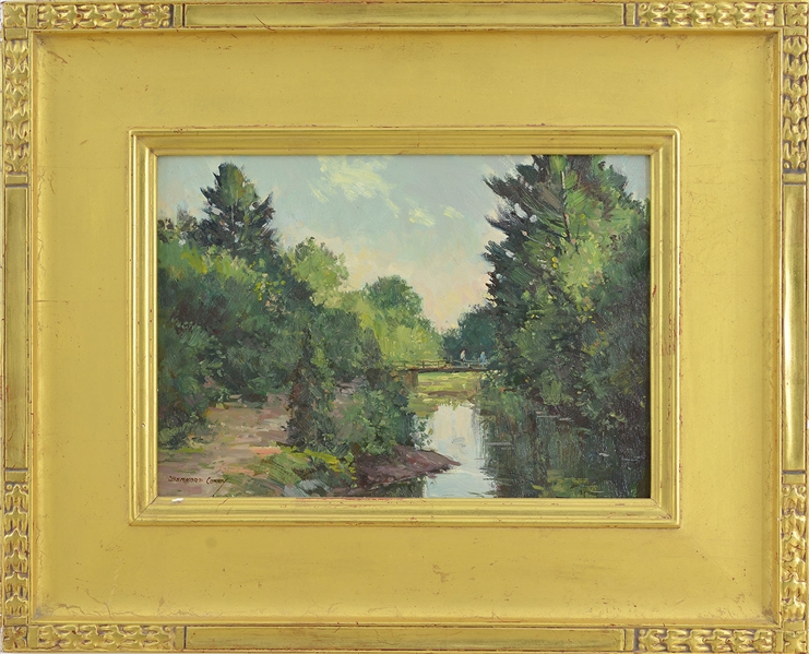 BERNARD COREY (AMERICAN, 1914-2000) "THE FOOTBRIDGE" OIL ON BOARD
HOUSED IN A CONTEMPORARY GILT WOOD FRAME (SOME MINOR CHIPS)
SIGNED LOWER LEFT "BERNARD COREY" SIZE: 8-1/4" X 11-3/4"                