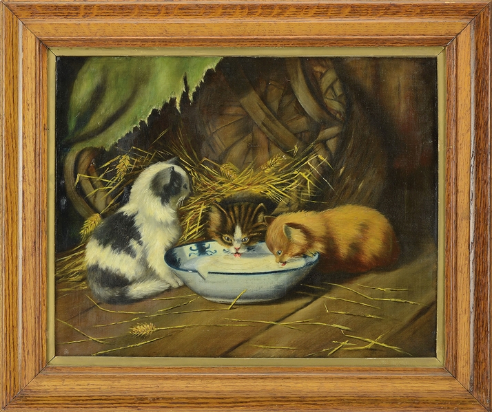 UNSIGNED (AMERICAN, 19TH CENTURY) KITTENS ENJOYING A BOWL OF MILK OIL ON CANVAS
HOUSED IN VINTAGE WOOD FRAME
 SIZE: 16" X 20"                                                                         