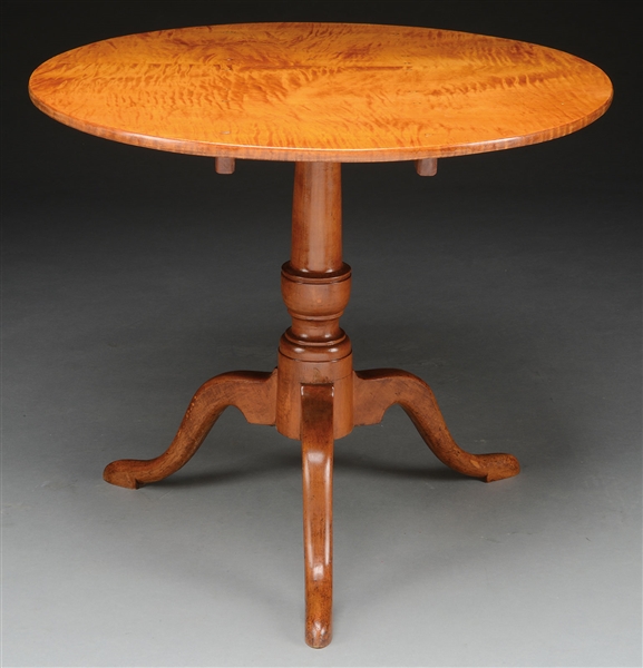 QUEEN ANNE MAPLE AND TIGER MAPLE TILT TOP TEA TABLE.                                                                                                                                                    
